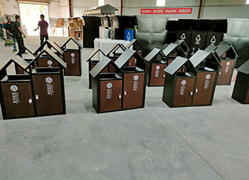園林景觀屋形冷軋鋼板分類垃圾箱主圖