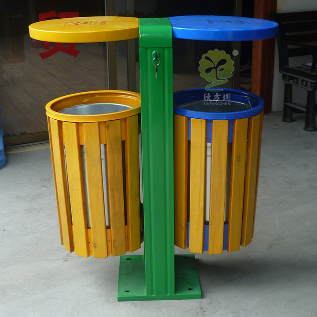 戶外雙筒鋼木垃圾桶