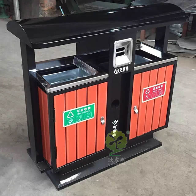 戶外小區(qū)雙分類鋼木垃圾桶